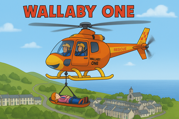 Cartoonafbeelding van Wallaby One helikopter met brancard in de lucht boven het dorp en zee