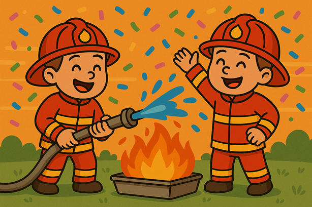 Jonge helden blussen oefenvuur met een brandslang terwijl confetti neerdaalt: knallende finale van het brandweerkinderfeestje in Heerewaarden