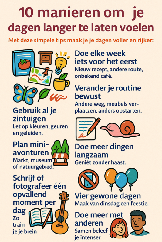 Ontdek 10 simpele en leuke tips om je dagen langer te laten voelen. Doorbreek je routine en maak je leven rijker aan herinneringen.