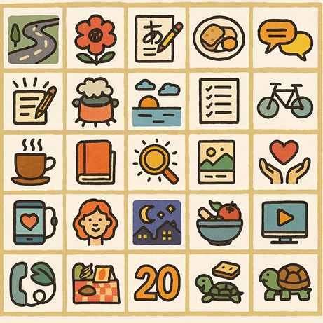 Kleurrijke illustratie met 30 iconen die de Tijd Rekken Challenge uitbeelden. Perfect als visuele ondersteuning bij een blog of social media.