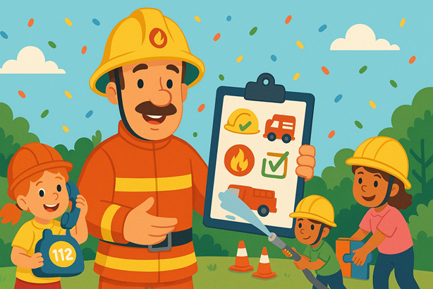 Illustratie van brandweerheld met kinderen die veilig oefenen: 112 bellen, water spuiten bij pionnen en een checklist; vrolijke, leerzame sfeer voor Brandweerman Samenvatting.