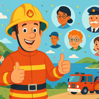 Vrolijke illustratie van een vriendelijke brandweerheld met kinderen en portret-icoontjes van teamleden in een kustdorp; speelse stijl voor Brandweerman Samenvatting.