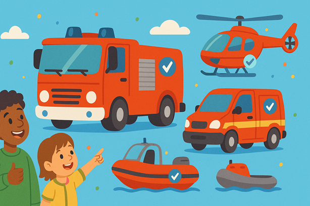 Kindvriendelijke illustratie met vier brandweervoertuigen (brandweerauto, reddingsbus, reddingsboot en helikopter) met juichende kinderen; duidelijk overzicht voor Brandweerman Samenvatting.