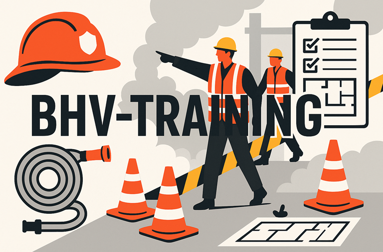 Illustratie van BHV-training: medewerkers met veiligheidsvest en helm, rookwolk, afzetlint, pylonen, brandslang en plattegrond; headerbeeld voor artikel over tankautospuit huren voor calamiteitenoefeningen (zonder brandweerauto in beeld).