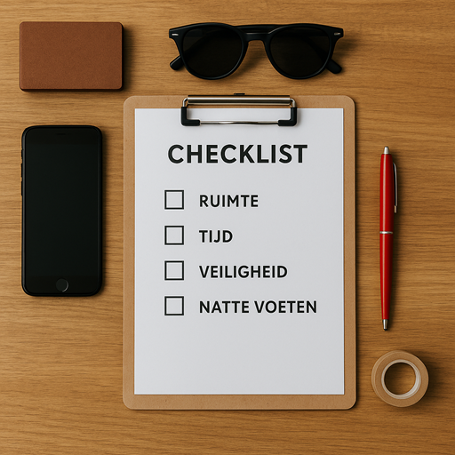 Checklistkaart met vinkjes, kalender, locatie-pin en waterdruppels—alles om het uitje snel te regelen.