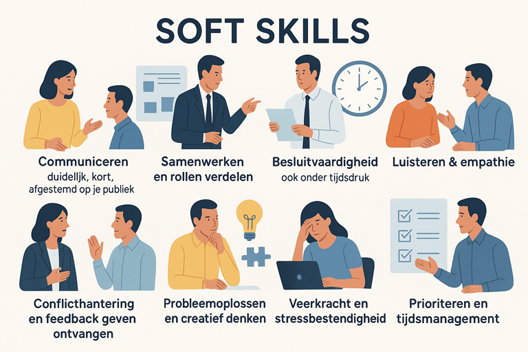 Illustratie van een teambriefing met portofoon, checklist en rolverdeling. Benadrukt wat soft skills zijn en waarom ze belangrijk zijn voor samenwerken, communicatie en debriefing.