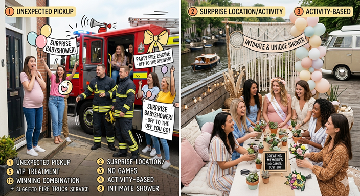 Plan jij de ultieme surprise party? Ontdek 10 originele en spectaculaire babyshower ideeën! Van een brandweerauto pickup tot een activiteit zonder spelletjes. Lees nu onze tips en maak er een onvergetelijke dag van voor de mommy-to-be!