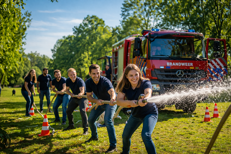 Bedrijfsuitje buiten Noord-Brabant met brandweerauto teambuilding activiteit Groep collega’s tijdens een actief bedrijfsuitje buiten in Noord-Brabant met een brandweerauto en teambuilding activiteiten in de buitenlucht