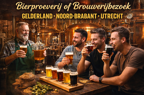 Vriendengroep geniet van een bierproeverij in een ambachtelijke brouwerij tijdens een mannenuitje in Gelderland, Noord-Brabant of Utrecht.