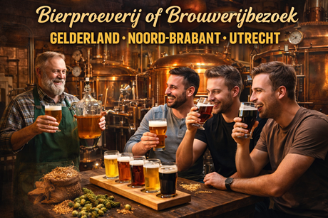 Vriendengroep geniet van een bierproeverij in een ambachtelijke brouwerij tijdens een mannenuitje in Gelderland, Noord-Brabant of Utrecht.