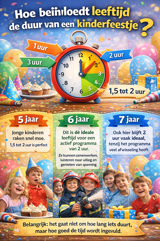 Infographic toont hoe de ideale duur van een kinderfeestje verschilt per leeftijd: 1,5–2 uur voor 5 jaar, 2 uur voor 6 jaar, 2 uur met variatie voor 7 jaar. Met vrolijke illustraties van kinderen, cake, ballonnen en feesthoedjes.