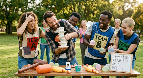 Grappige competitieve groepsspellen: Zorg voor energie en hilariteit Een groep vrienden geniet van grappige competitieve groepsspellen in het park, waarbij teams punten verzamelen en voor hilariteit zorgen.