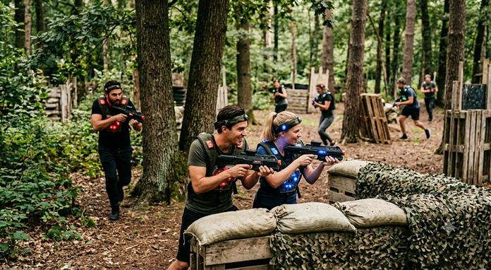 Een actieve groep volwassenen tijdens een spannend potje outdoor lasergamen in het bos. Stoer en actief groepsactiviteit: vrienden die outdoor lasergamen in een bosrijke omgeving. Ideaal als betaalbaar groepsuitje of verjaardagsfeest in de regio Nijmegen, Arnhem en Den Bosch.