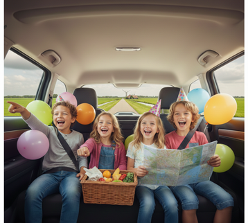 Is reistijd een probleem voor een kinderfeestje? Deze afbeelding laat zien dat de voorpret al in de auto begint. Een groep enthousiaste kinderen rijdt door Nederland naar hun unieke uitje.
