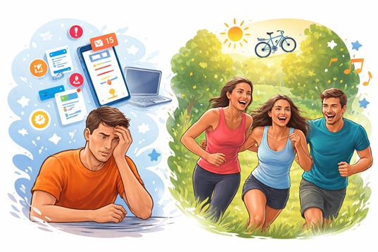 Illustratie van het contrast tussen stress en ontspanning: binnen een overprikkeld hoofd en buiten een groep vrienden die actief plezier maakt en tot rust komt.