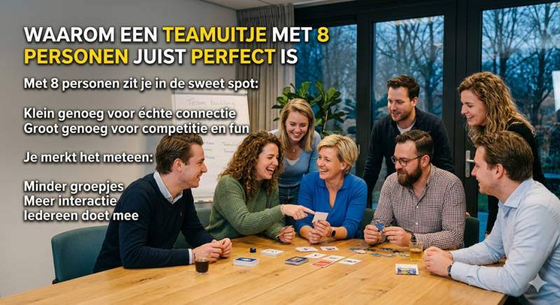 De voordelen van een teamuitje met 8 personen Een enthousiaste groep van 8 collega's die samen een teambuilding activiteit doen aan een houten tafel, ondersteund door tekst over de voordelen van een klein teamuitje