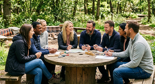 Een enthousiast team werkt samen tijdens een uniek buiten bedrijfsuitje. Ontdek waarom een kleinschalige brandweer experience zorgt voor meer impact, teambuilding en plezier dan een standaard uitje.