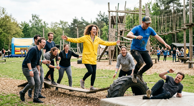 Ontdek de kracht van spelen voor volwassenen! Deze foto toont een groep volwassenen die zich uitleven op een uitdagend klimparcours tijdens een teambuilding uitje.