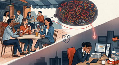 Een illustratie die laat zien hoe een bedrijfsborrel stress tijdelijk verbergt, maar de onderliggende oorzaak niet aanpakt. Vergelijk de ontspannen sfeer met de aanhoudende werkdruk.