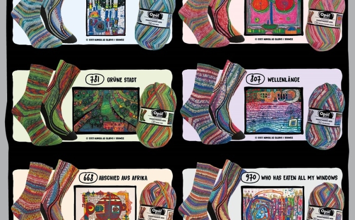 Poster met overzicht van Opal 4-draads sokkenwol Hundertwasser serie 4
