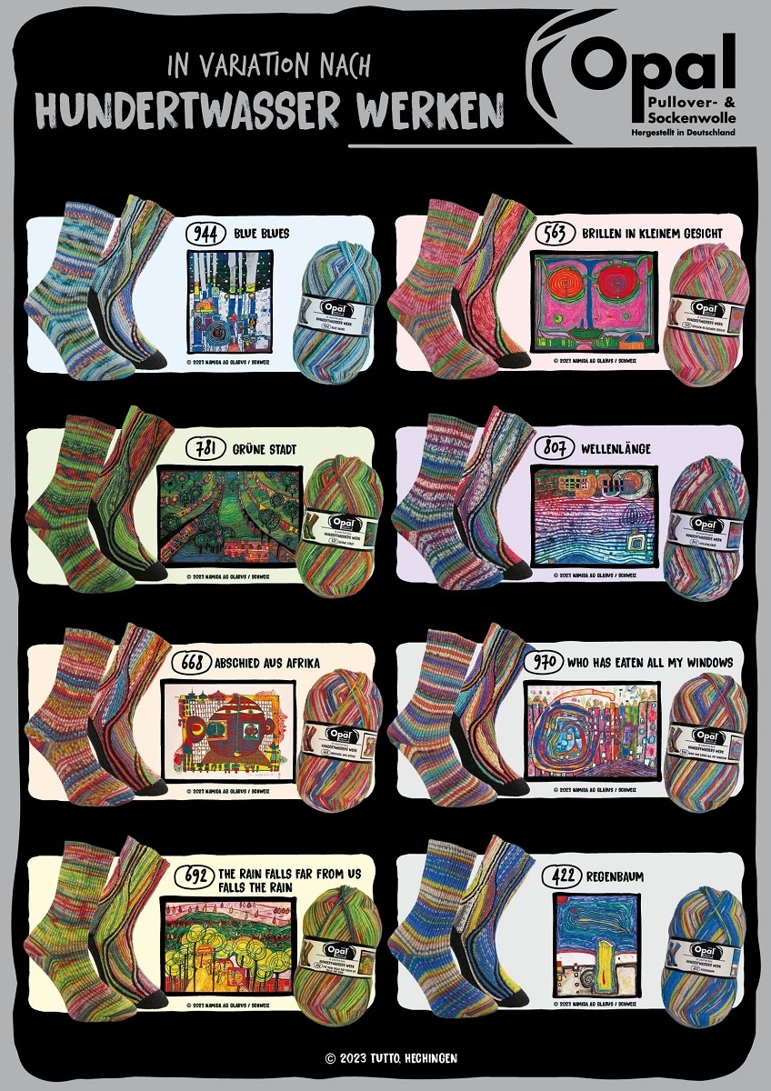 Poster met overzicht van Opal 4-draads sokkenwol Hundertwasser serie 4