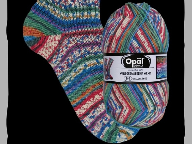 Gebreide sok en bol wol van Opal 4-draads sokkenwol Hundertwasser 4053 Wellenlange