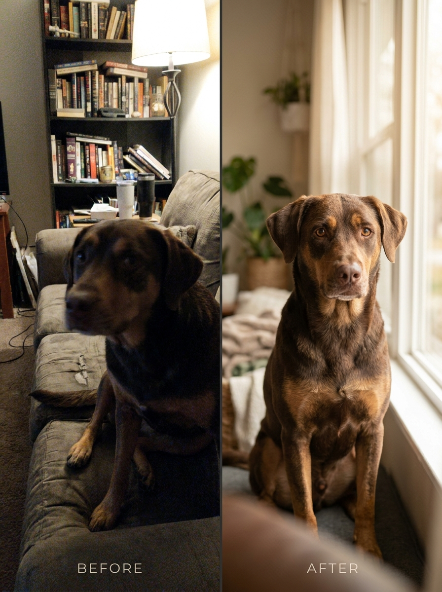 Portretfoto van een hond, gemaakt door cursist Roos