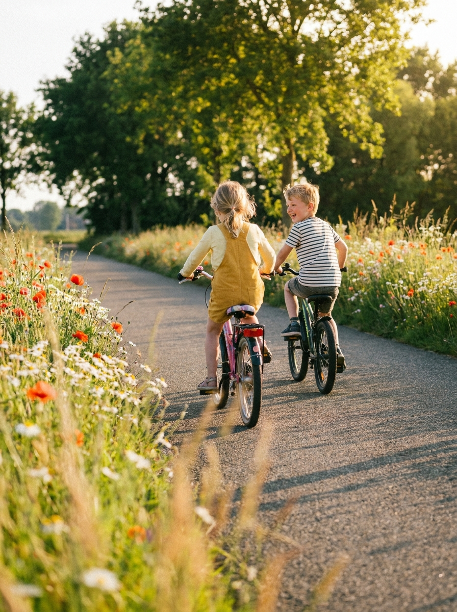 Twee kinderen op de fiets, actie foto