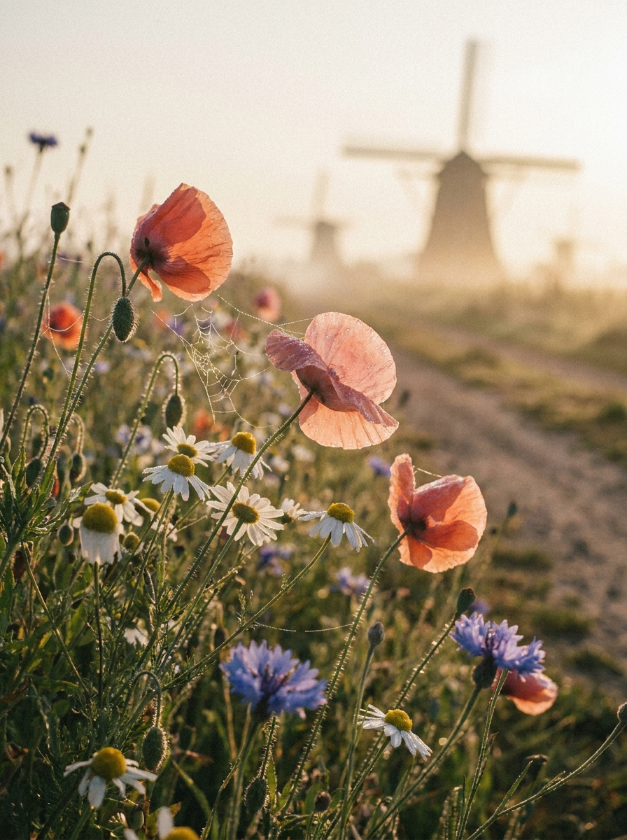 Bloemenveld met molen op de achtergrond, mooi wazig