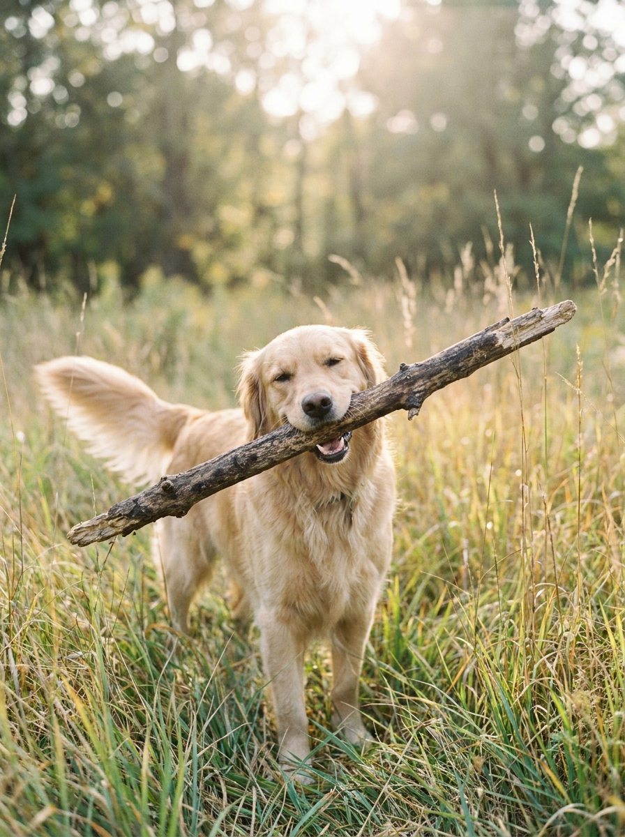 Hond met een tak in zijn bek