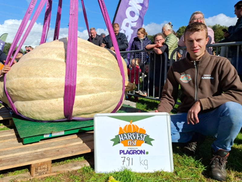 Dutch Giant Pumpkin growers showing his pumpkin and the final weight of 791 KG