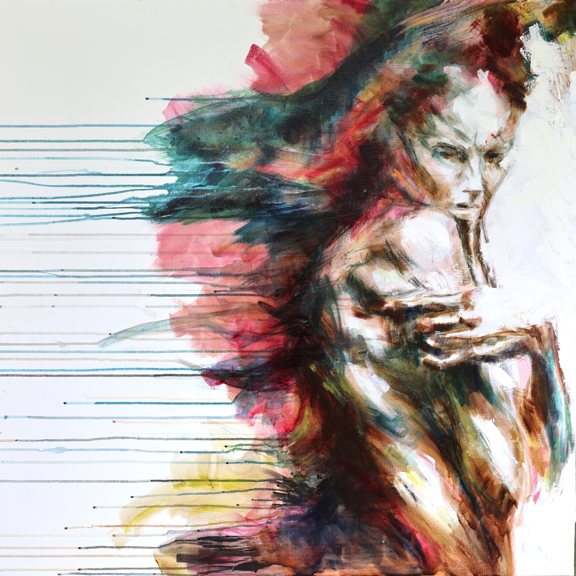 Carlotta Adriaansz oil and acrylic painting Unraveling, contemporary figurative art on disintegration and falling apart, 100x100cm