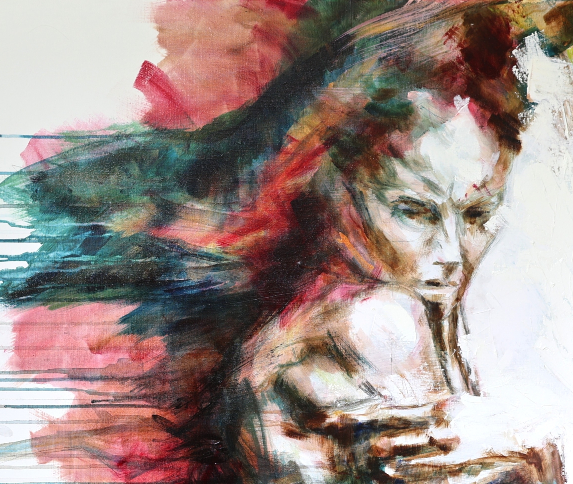 Carlotta Adriaansz oil and acrylic painting Unraveling, contemporary figurative art on disintegration and falling apart, 100x100cm
