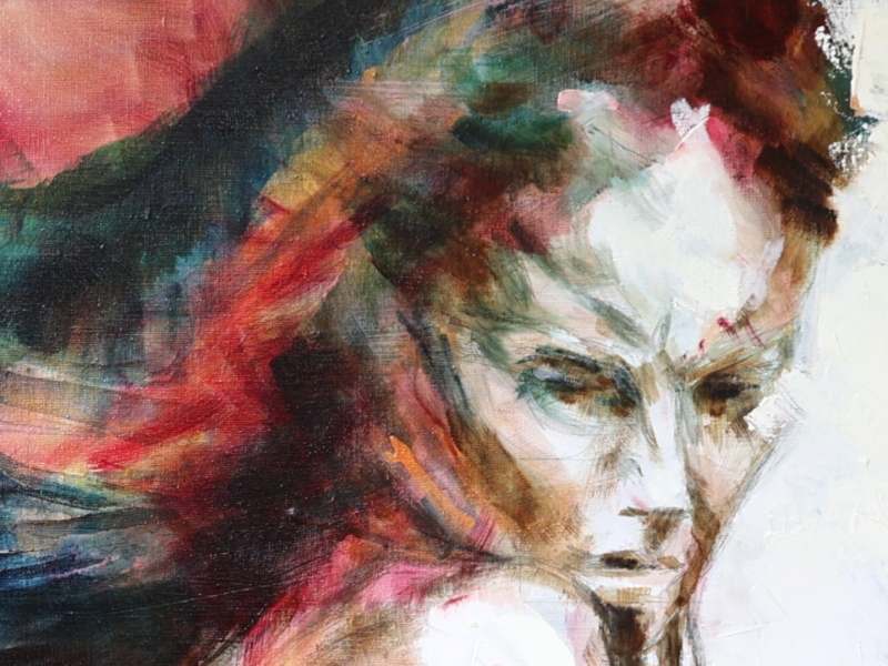 Carlotta Adriaansz oil and acrylic painting Unraveling, contemporary figurative art on disintegration and falling apart, 100x100cm