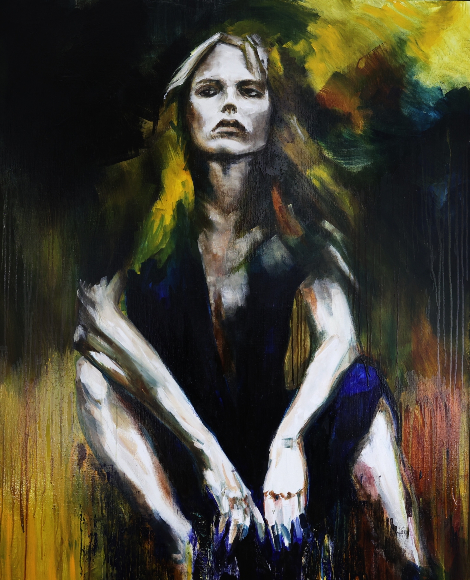 Carlotta Adriaansz oil painting This Is What You Asked For, contemporary figurative abstract art about self preservation and inner strength, 120x150cm