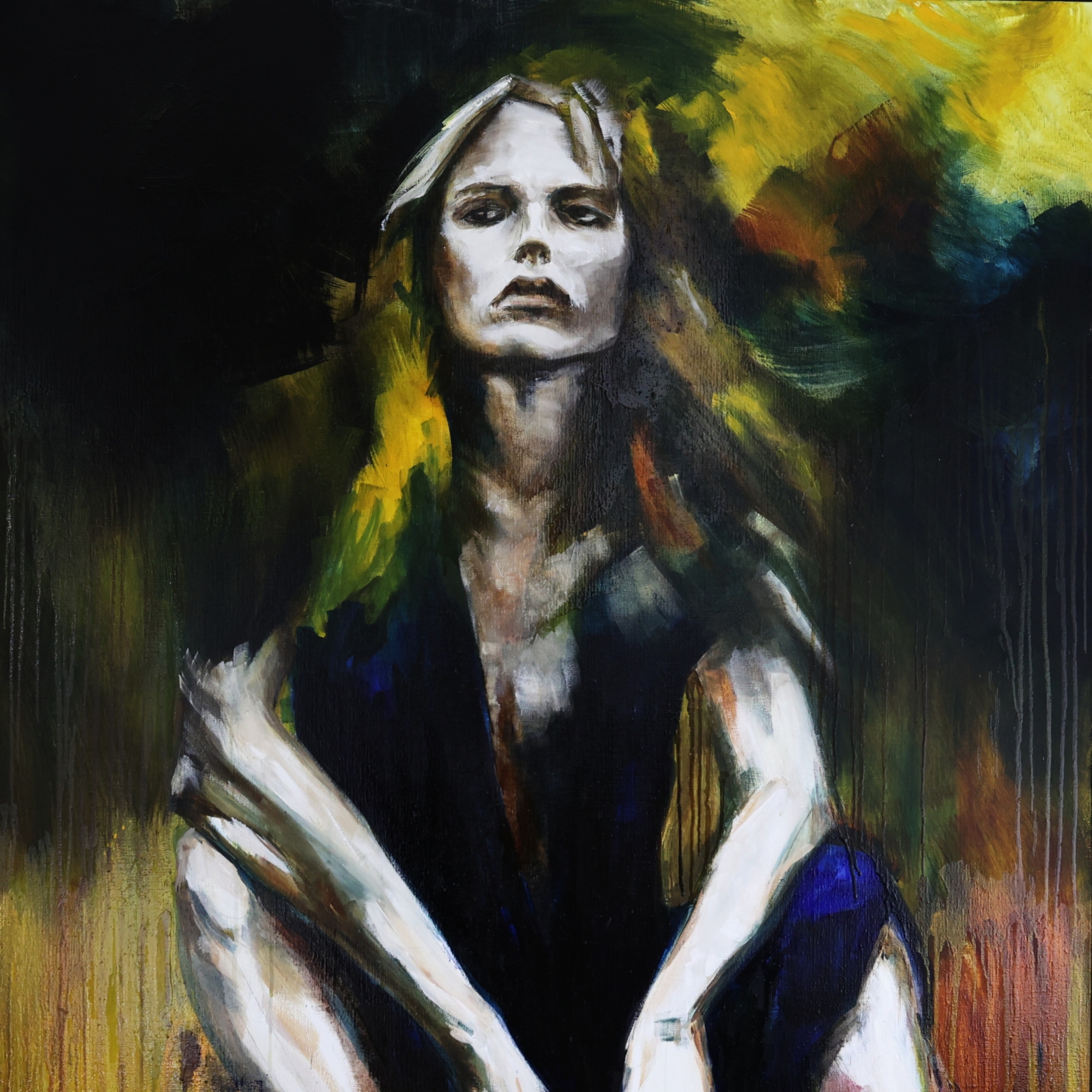 Carlotta Adriaansz oil painting This Is What You Asked For, contemporary figurative abstract art about self preservation and inner strength, 120x150cm