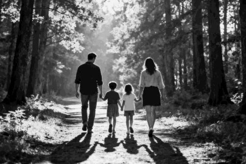 Gezin dat buiten wandelt na hersteld te zijn van een burn-out
