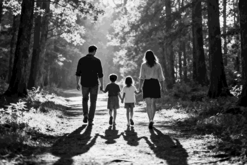 Burn-out coaching Gezin dat buiten wandelt na hersteld te zijn van een burn-out