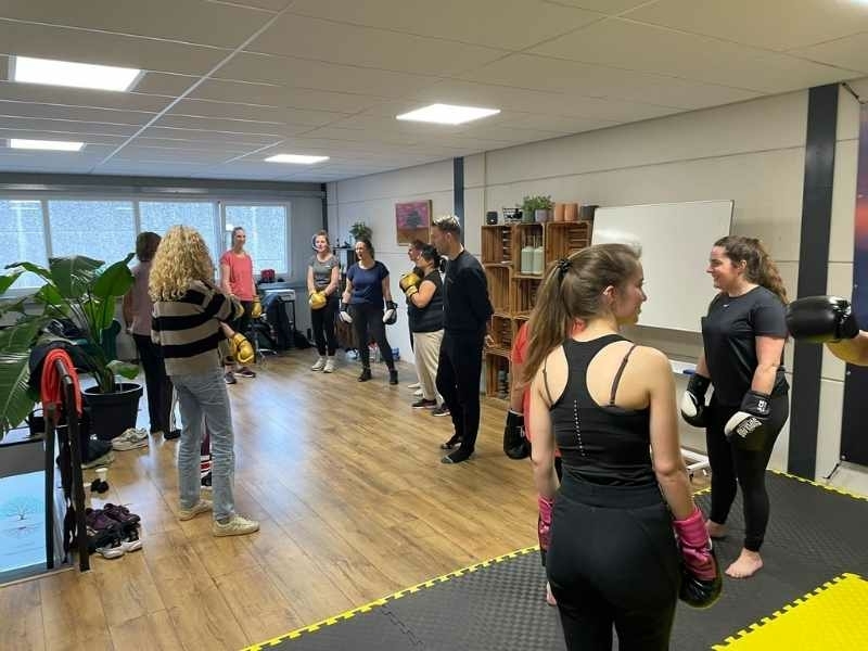 Een groep fysiotherapeuten die een boksworkshop doen