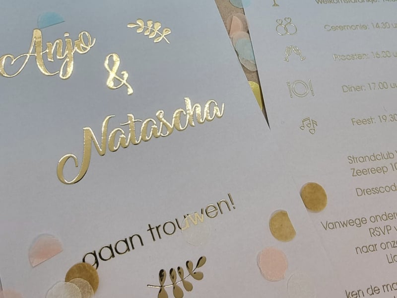 luxe trouwkaart pastel met goudfolie anjo en natascha langwerpig 210x100