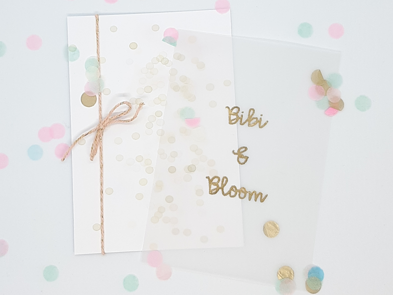 geboortekaartje met kalkpapier en goudfolie tweeling bibi en bloom