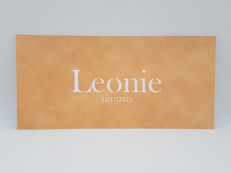 budget geboortekaartje meisje Leonie langwerpig met velvet velours print okergeel met wit