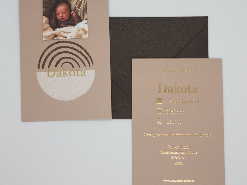 geboortekaartje met goudfolie voor jongens of meisjes beige bruin watercolor met fotokaartje dakota