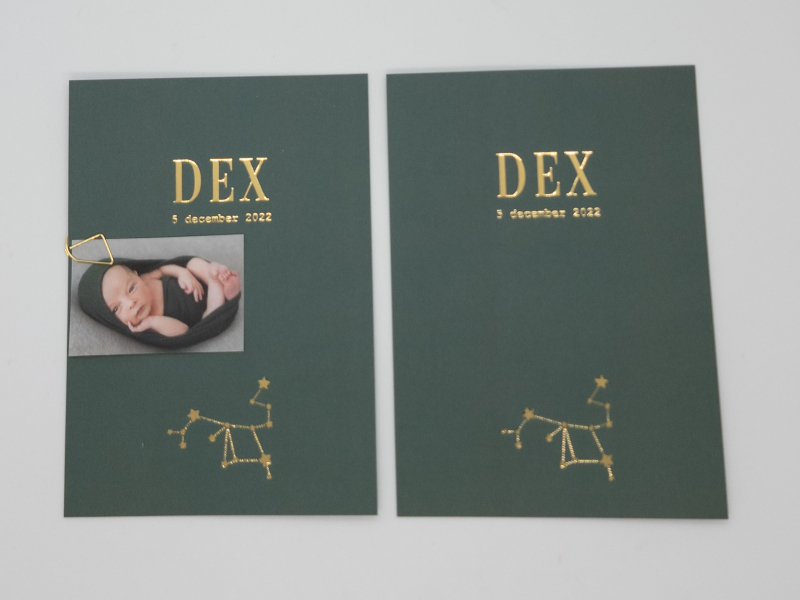 geboortekaartje jongen met goudfolie groen met sterrenbeeld en fotokaartje dex