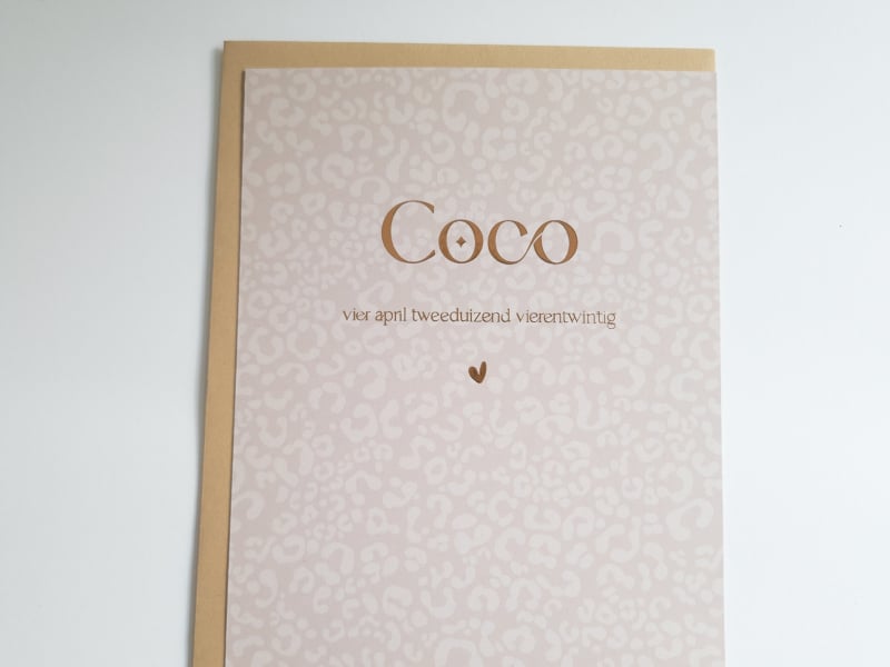 geboortekaart A5 met koper roséfolie meisje zand luipaardprint Coco