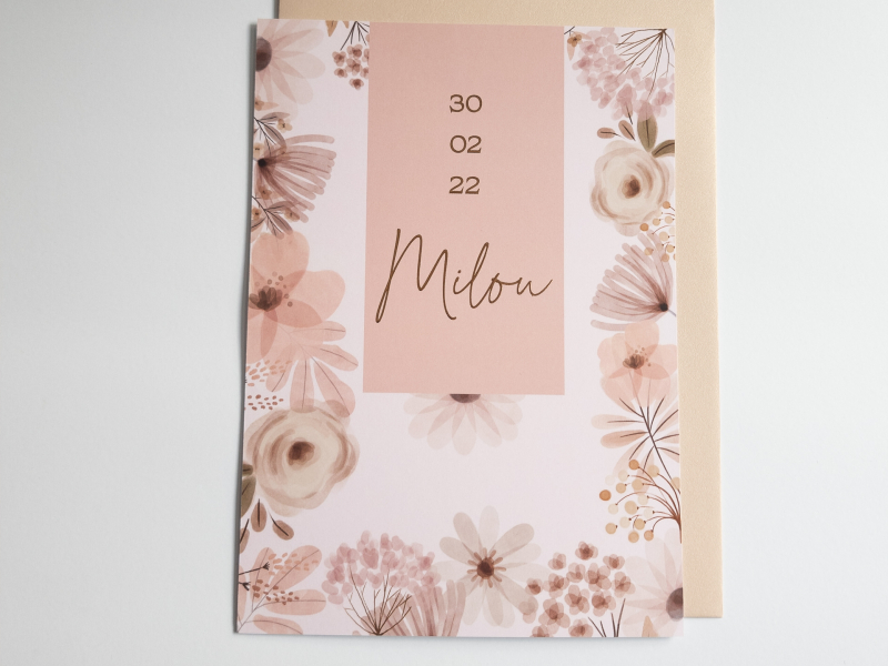 geboortekaart A5 met koper roséfolie meisje roze bloemen Milou