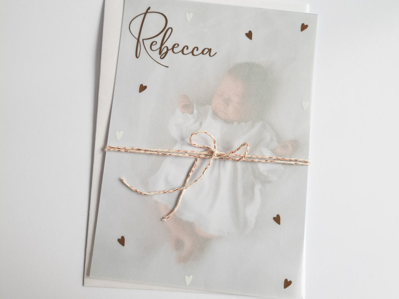 geboortekaart A5 groot met kalkvel en koper roséfolie meisje Rebecca