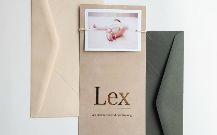 Geboortekaartje jongen goudfolie foto Lex