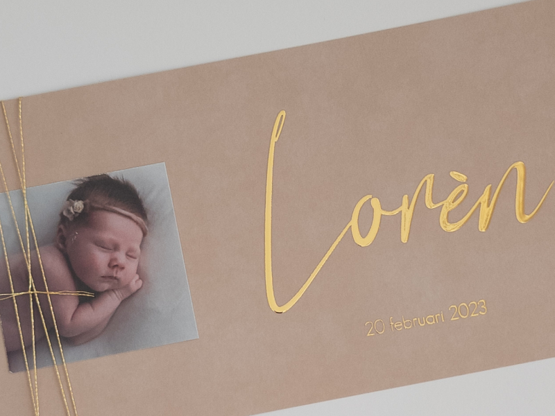 geboortekaartje meisje goudfolie beige velvet loren baby foto