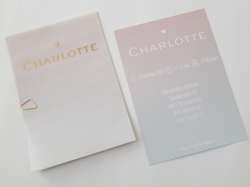 geboortekaartje meisje transparant kalkpapier en goudfolie pastel overloop Charlotte